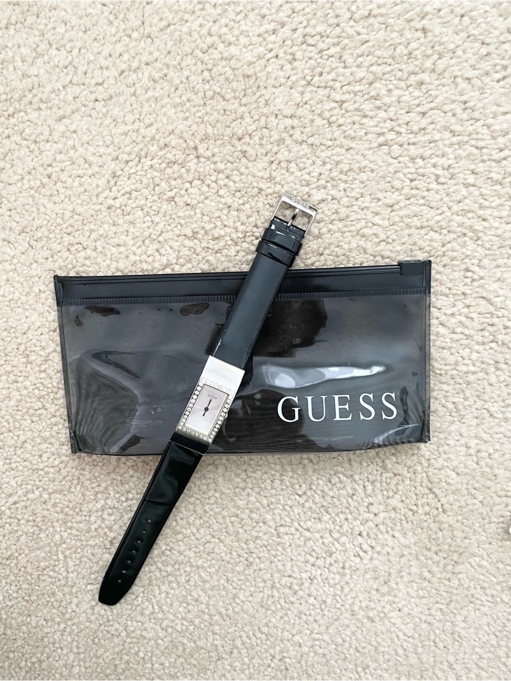 GUESS Black Strap Silver-Tone Crystal Accent Rectangle Watch